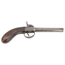 Late 19th century Belgian percussion boxlock pocket pistol, marked PM, with octagonal barrel and checkered wooden grip, L23cm
Sold as an exempt item under Section 58 (2) of the 1968 Firearms Act, to be held as a curiosity or ornament