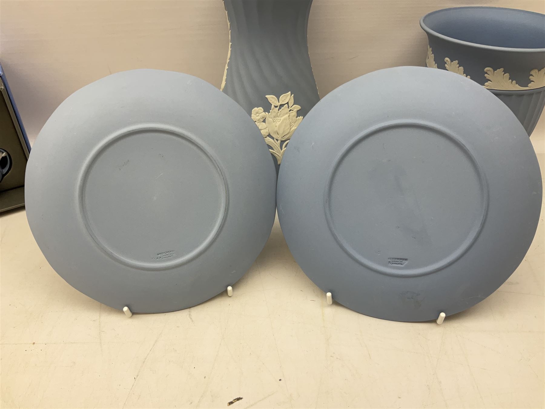 Wedgwood pale blue Jasperware, to include a pair of tulip vases, large vase with fluted rim, trinket dishes, trinket box etc, together with Wedgwood miniature hanging decoration in the form of a tea set 