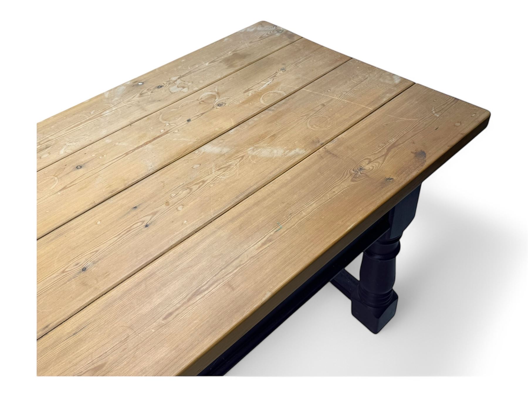 Late 20th century substantial pine refectory table, rectangular four-plank top over an indigo painted base featuring turned supports united by box stretchers