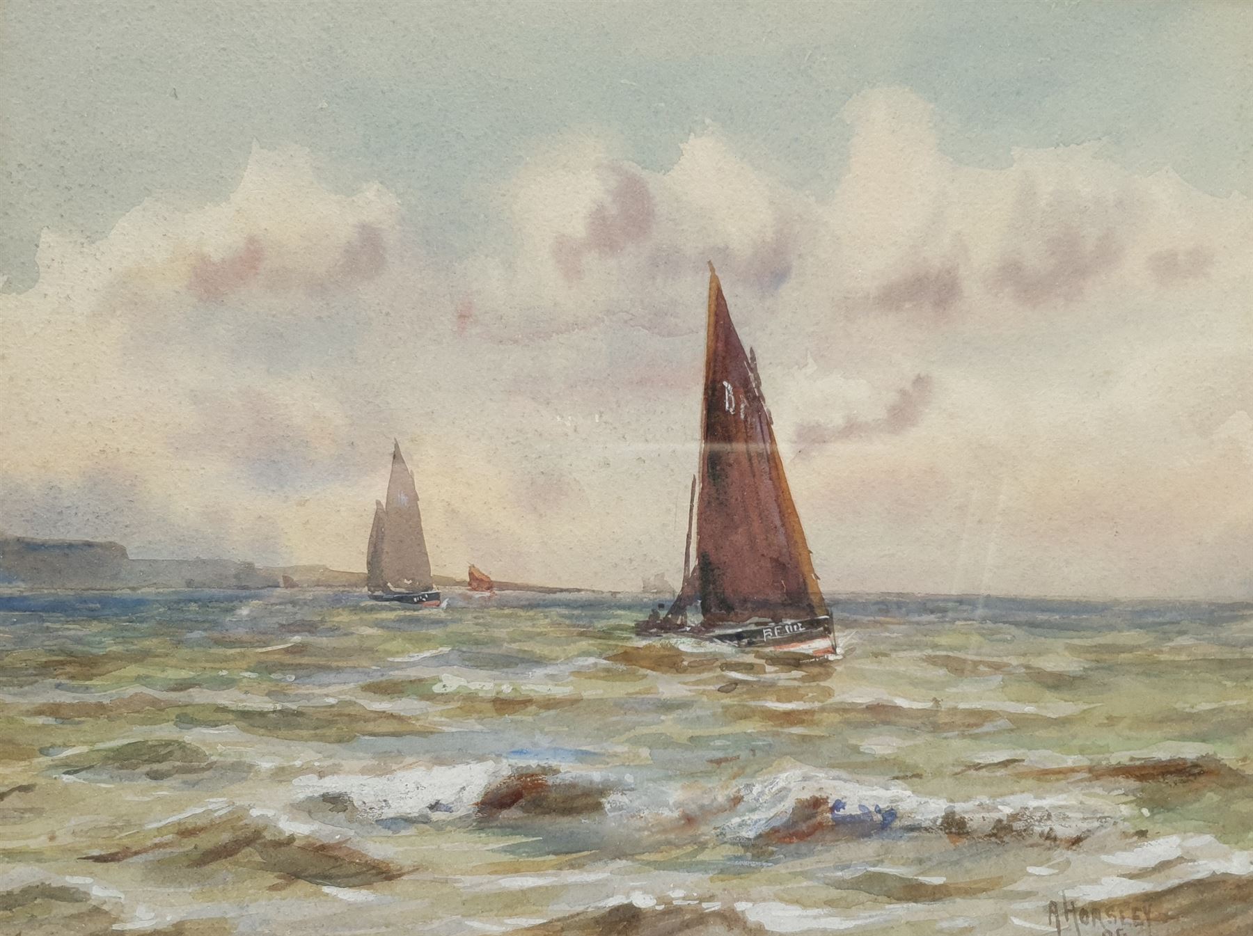 Albert Edward Horsley (British 1861-post1930): Boats off the Yorkshire Coast, watercolour signed and dated '95, 20cm x 27cm 
Notes: Albert Horsley, son of Scarborough picture framer John Horsley, studied under Albert Strange at the Scarborough School of Art where he later worked as Assistant Master from around 1895. He also appears to have worked as a framer like his father as this is his stated profession in the 1891 census and the 1911 trade directory, where he is recorded as living at 4 York Place.