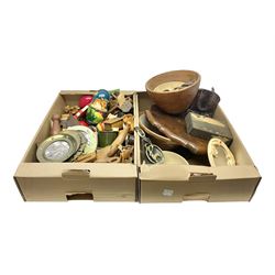 Miniature wooden chair, Russian dolls, turned wooden items including bowls, figures etc, and a collection of other wooden collectables, in two boxes 
