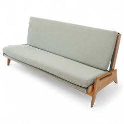 Gerard Guermonprez for Bobois - mid-century light teak sofa daybed, sides with angular teak wire sprung frame, integrated armrests with cut-out hand-holds, single fabric cushion back and seat, on out-swept tapered legs, circa 1955