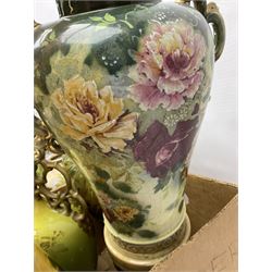 Continental hand painted vase, together with eight large Victorian vases, including some St Louis Artware examples and a pair painted with swans, tallest H50cm