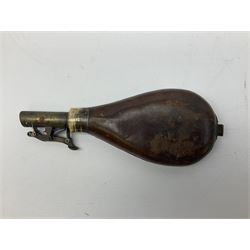 British pattern 1876 socket bayonet with 55cm triangular blade; another smaller socket bayonet; and a leather shot flask, the brass action marked Sykes (3)