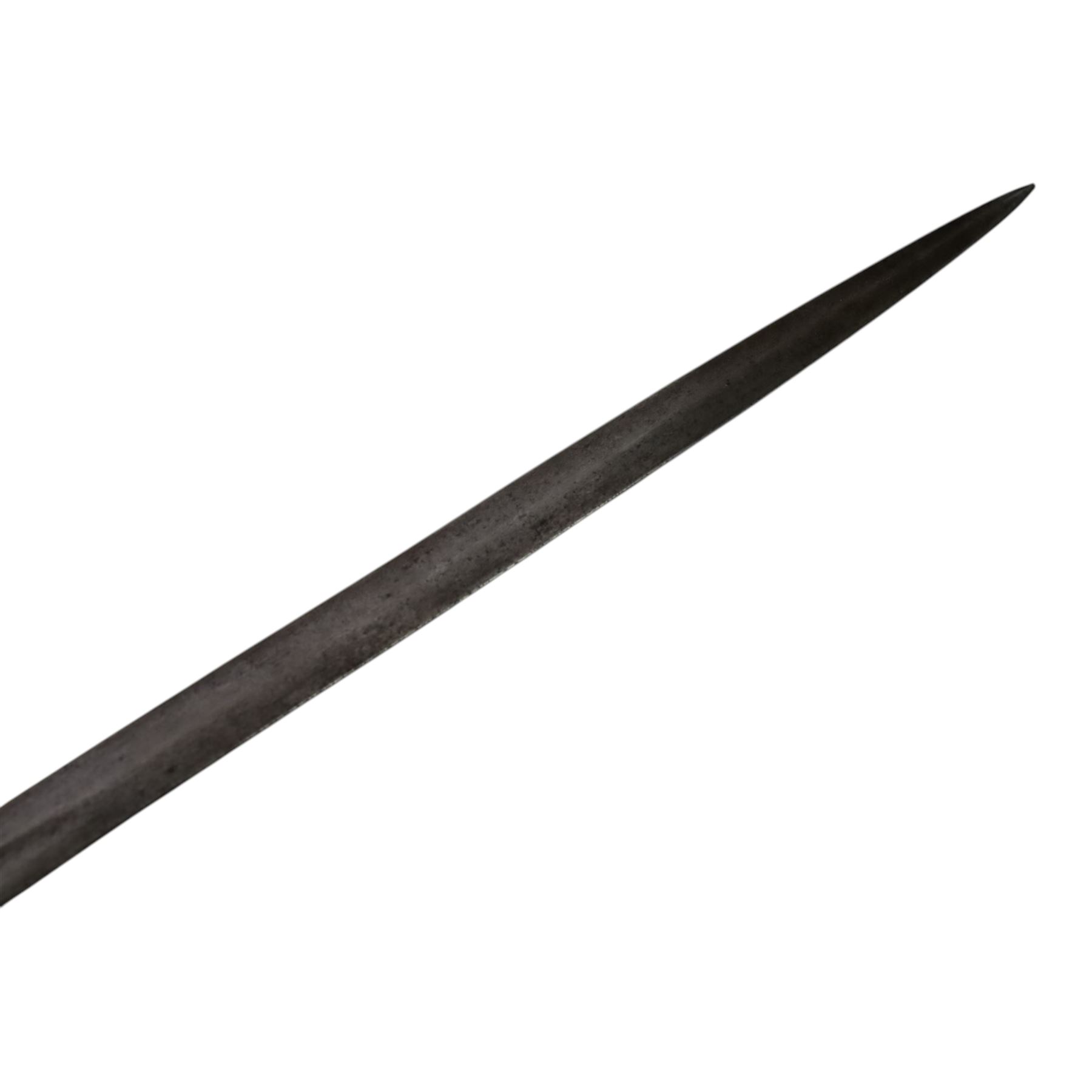 WWI Prussian Artillery Officer's dress sword, with 83cm single edge fullered steel blade, brass stirrup hilt, the langet with crossed cannon barrels and a vacant shield cartouche, the curved knuckle bow cast with acorns and oak leaves, wire bound grip and lion head pommel, with steel scabbard, overall L100cm