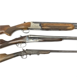 Miroku 12-bore box lock ejector over-and-under double barrel shotgun with walnut stock and 66cm barrels, No.2277306, L112cm overall; Sabel 12-bore box lock non-ejector side-by-side double barrel shotgun with 66cm barrels, No.62546, L108cm overall; Lambert Dumoulin folding .410 single barrel shotgun; and leather 12-bore cartridge belt (4) RFD ONLY