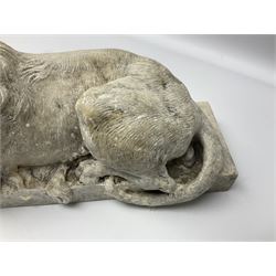 Two early 20th century reconstituted stone Grand Tour or Chatsworth House type lions after Antonio Canova, each modelled in recumbent pose upon a rectangular plinth, signed to plinth Dilettanti, each approximately L31cm