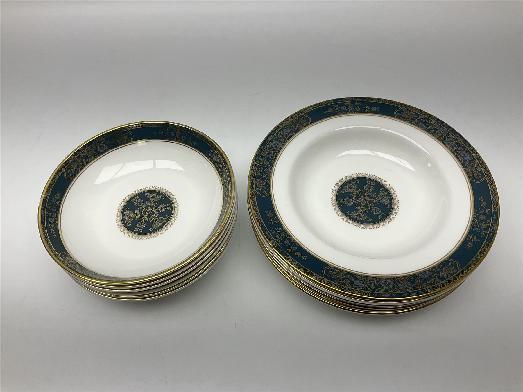 Royal Doulton Carlyle pattern tea and dinner service for six, to include teapot, coffee pot, teacups and saucers, coffee cups and saucers, milk jug, open sucrier, dinner plates, side plates, bowls, soup bowls, to covered dishes etc (64) 