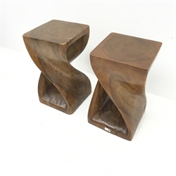 Pair carved rustic hardwood lamp tables, W30cm, H51cm, D31cm