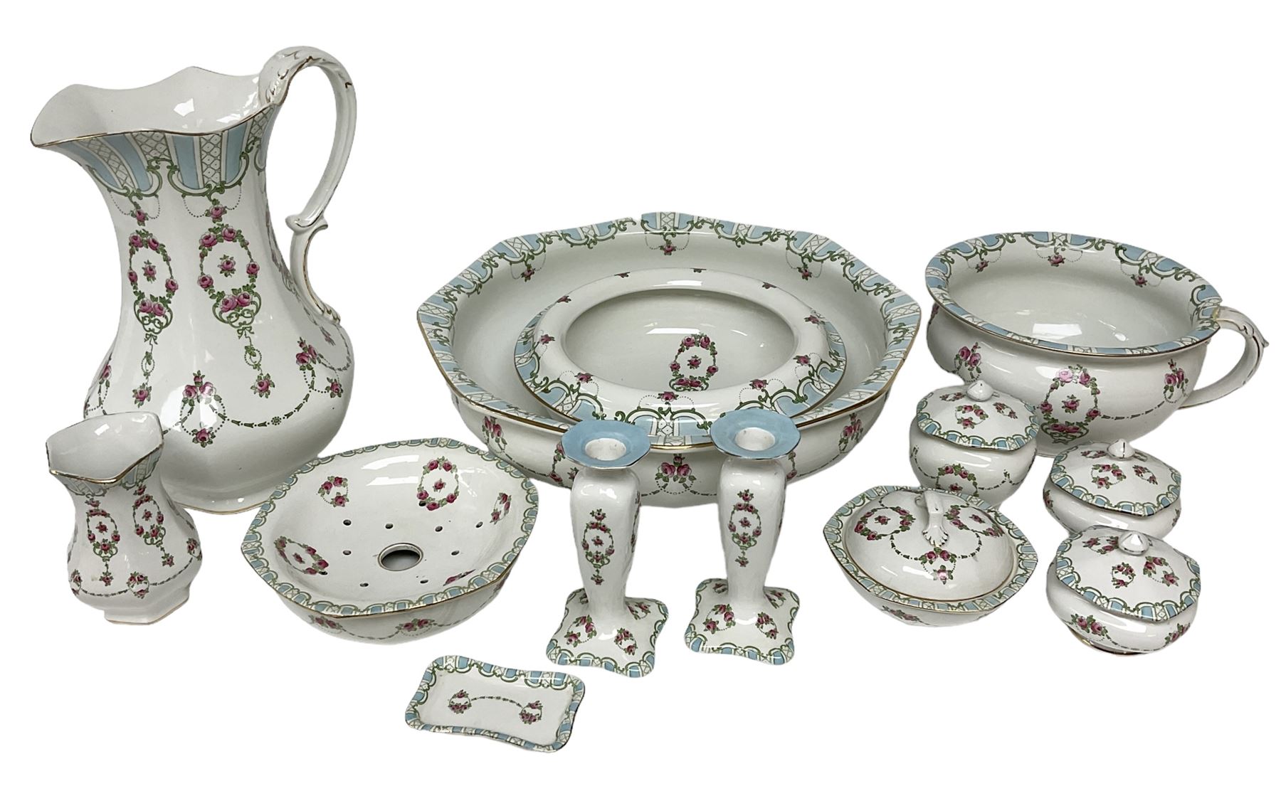 Early 20th century Whieldon Ware wash set to include jug, bowl, candlesticks etc