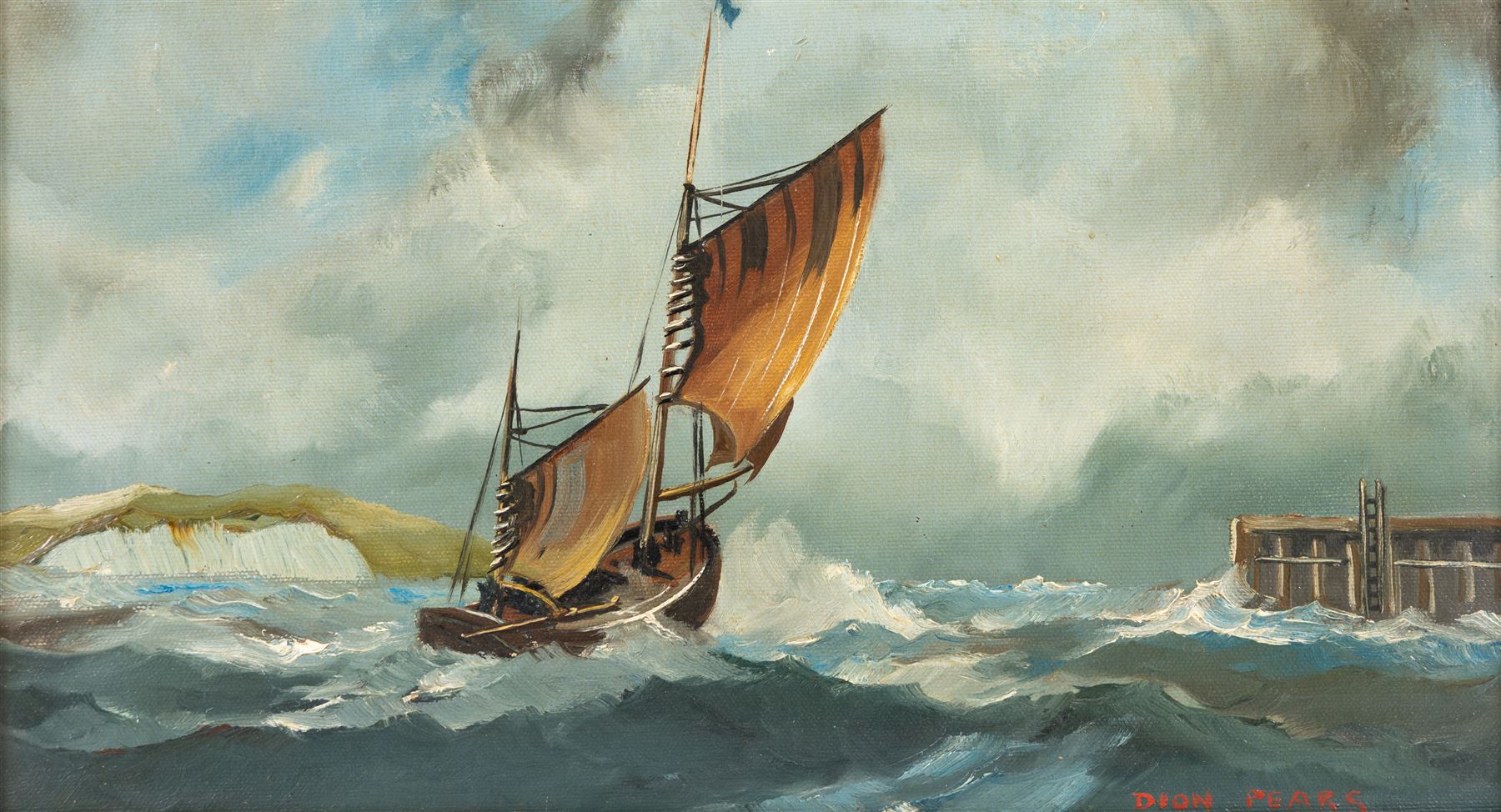 Dion Pears (British 1829-1985): Sailing By the Cliffs, oil on canvas board signed 23cm x 42cm 