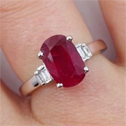 18ct white gold oval ruby ring, with baguette diamond shoulders, hallmarked, ruby approx 2.00 carat