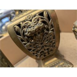 Brass twin handled planter, pair of pierced brass bottle neck vases and three other brass vases