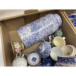 Blue and white ceramics, including large meat platter and soup tureen, together with a collection of tea wares and other ceramics, in two boxes