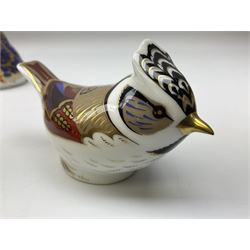 Four Royal Crown Derby paperweights, Bee-eater, with silver stopper, Blue Tit, with gold stopper, Robin, with gold stopper and Collectors Guild Crested Tit, with gold stopper in original box, all with printed mark beneath  