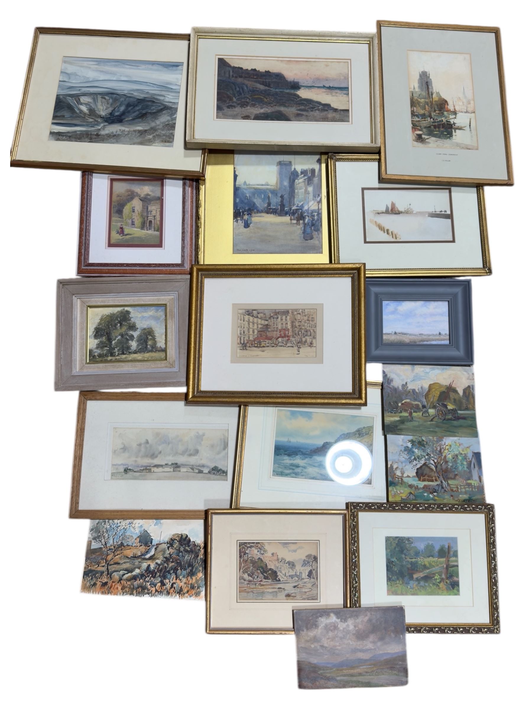 Collection of mostly watercolours, variously signed, artists to include Tom Anderton, Walter Henry Sweet, James Robertson Miller, Percy Hipkiss, J B Donaldson, Phil Smith and others indistinctly signed, contents in one box 