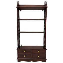 Georgian style mahogany open bookcase, fretwork sides, four small drawers