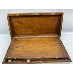 Mahogany brass bound writing box for restoration, the hinged lid lifting to reveal compartmented interior with folding slope, W50cm D25cm H18cm