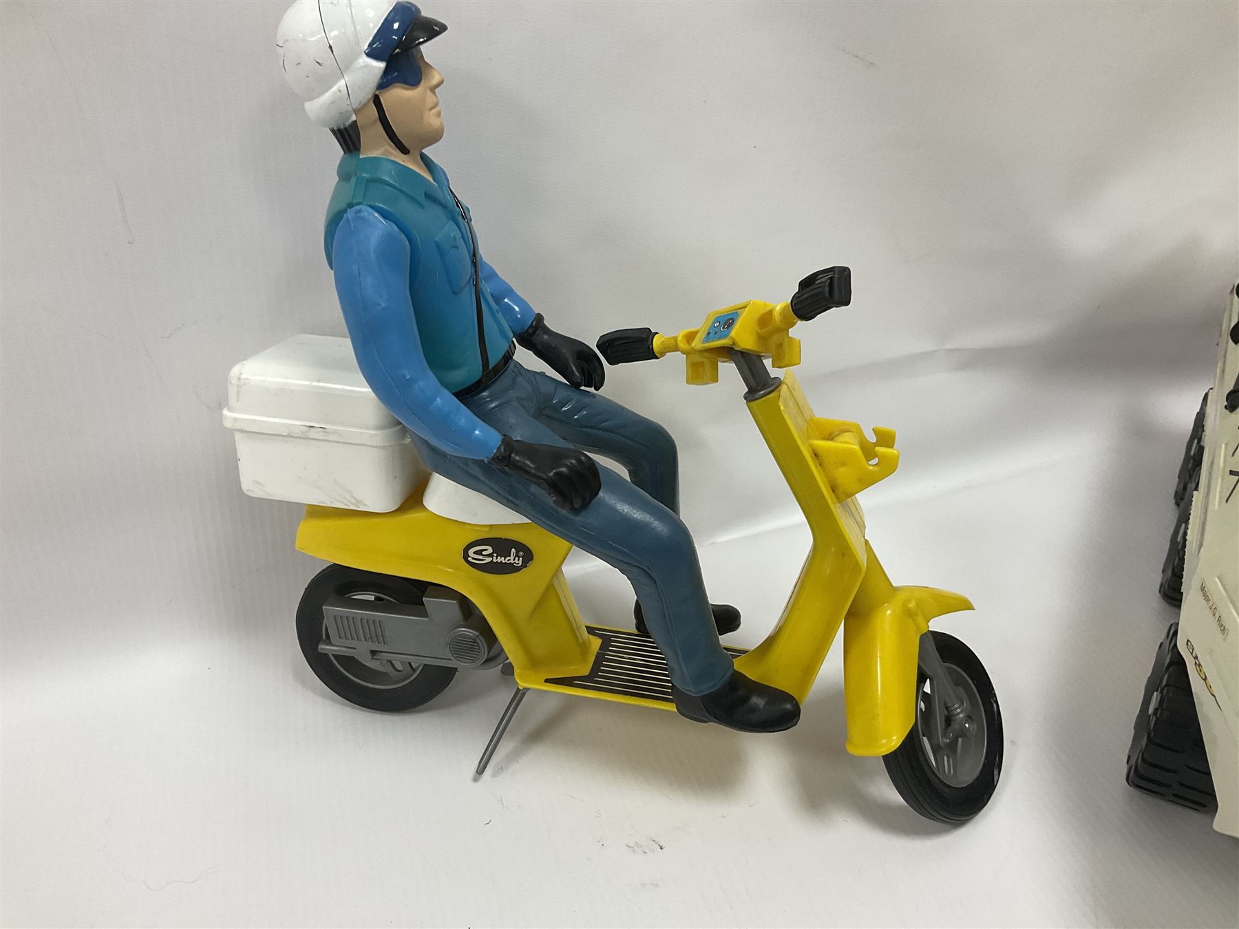 Manta Force Red Venom 1987 Bluebird Toys PLC toy plane with associated figures, with three more toy vehicles and figures comprising Lanard 1996 S.T.A.R Force Mobile Ground Support truck, Hasbro 2000 Action Man motorbike with side car, Sindy moped 