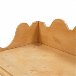 Victorian pine pot cupboard washstand, shaped arched gallery back with scroll carved ends, rectangular top over two short and two long drawers with turned wooden knobs, raised on squat turned feet