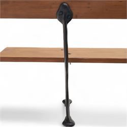 Pine garden bench, with stained and weatherproof varnish, single slat pine seat and back, raised on curved black cast iron supports