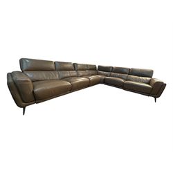 San Antonio six-seat corner reclining sofa, upholstered in pecan leather, modular design with battery-operated reclining function, supportive backrests and deep seat cushions, on chrome supports