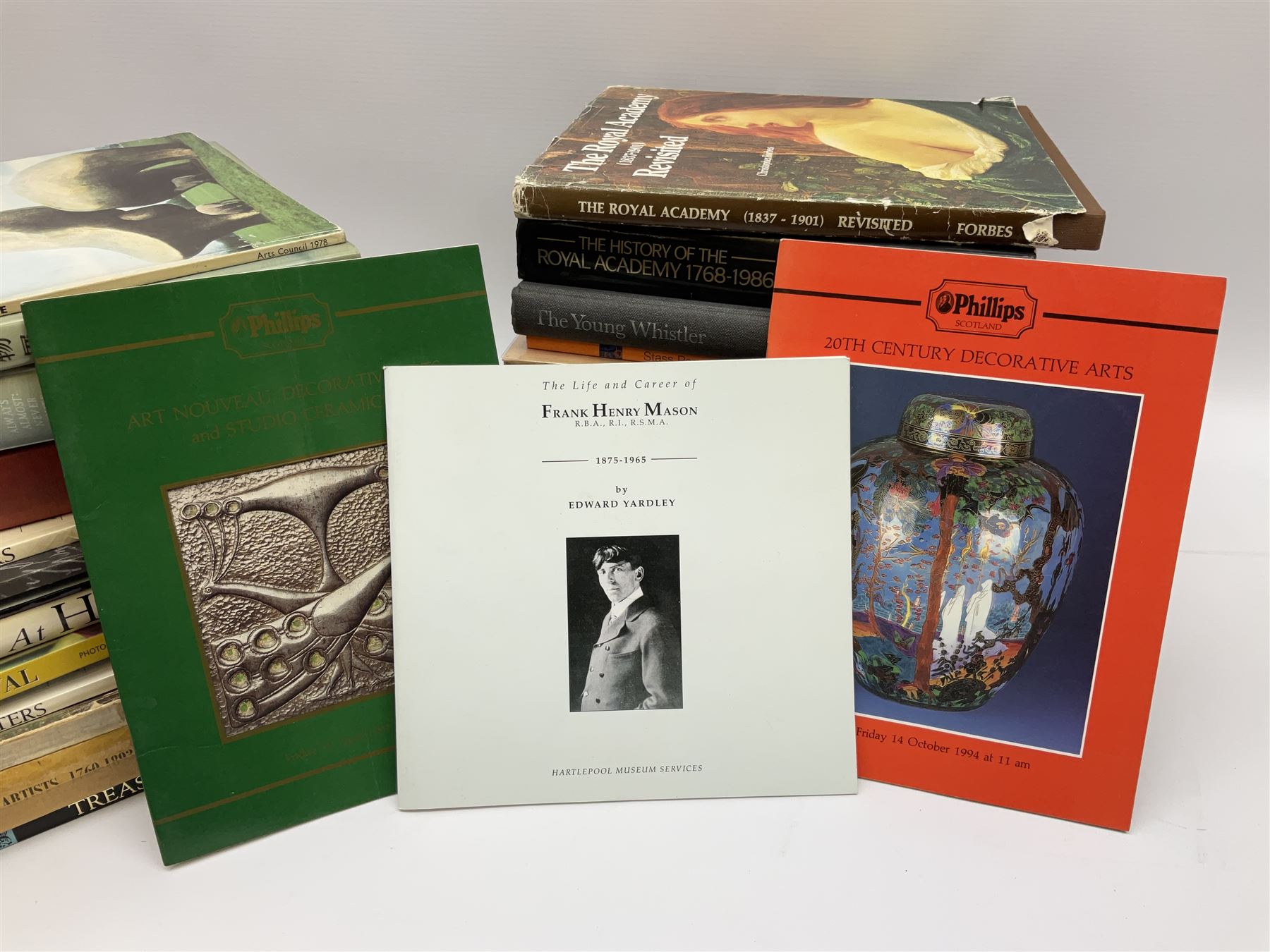 Large collection of fine art and antique reference books, to include Gordon Fleming, The Young Whistler; Sidney C. Hutchison, The History of the Royal Academy, Edward Yardley, The Life and Career of Frank Henry Mason R.B.A., R.I., R.S.M.A. 1975-1965; Brenda Roberts, The Collectors Encyclopaedia of Hull Pottery; Marcel Thomas, The Golden Age Manuscript Painting at the Time of Jean, Duc de Berry; Lindsay Errington, Tribute to Wilkie, etc. 