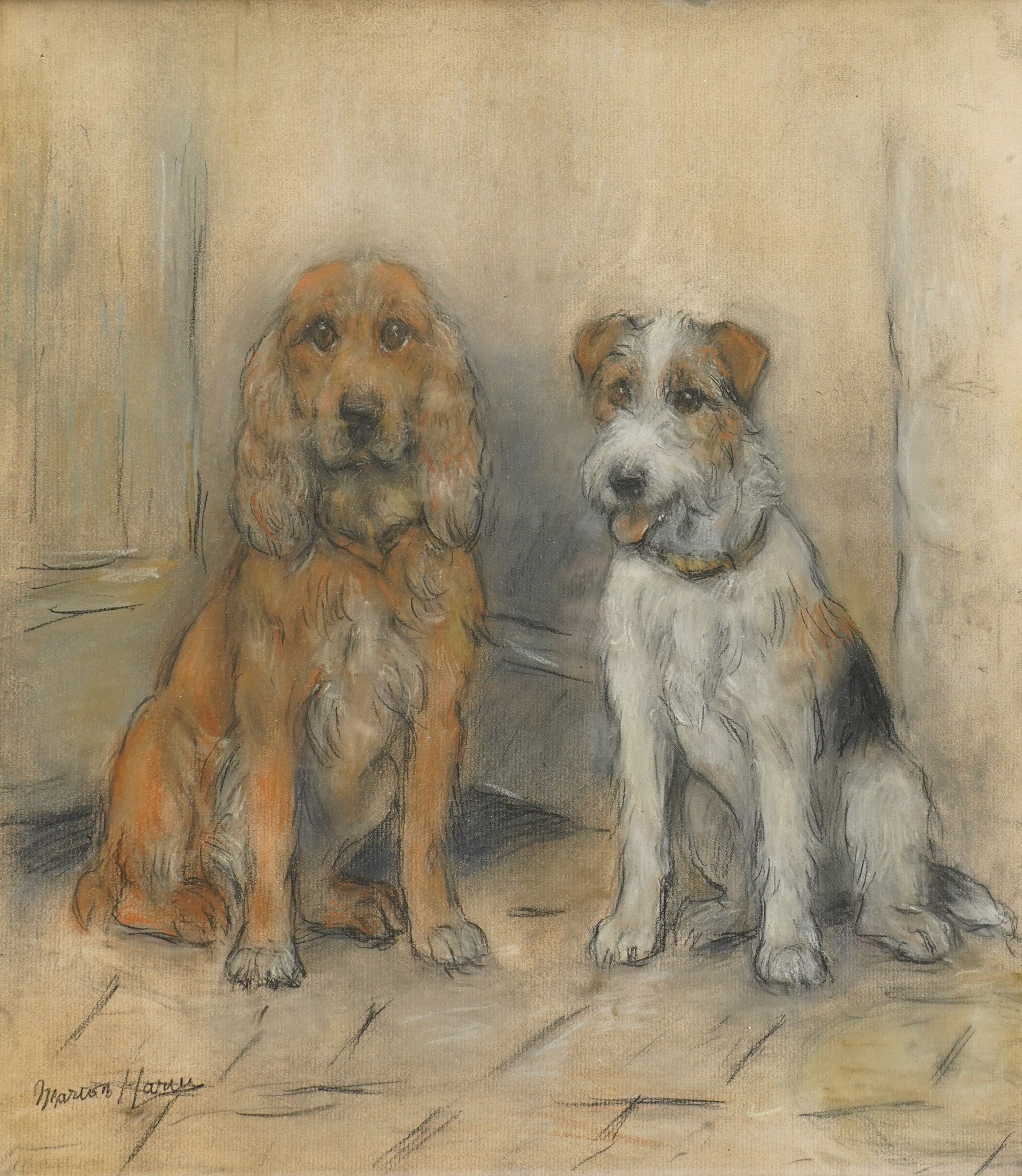Marion Rodger Hamilton Harvey (Scottish 1886-1971): 'Spaniel and Fox Terrier', pastel and charcoal signed, titled on label verso 43cm x 38cm