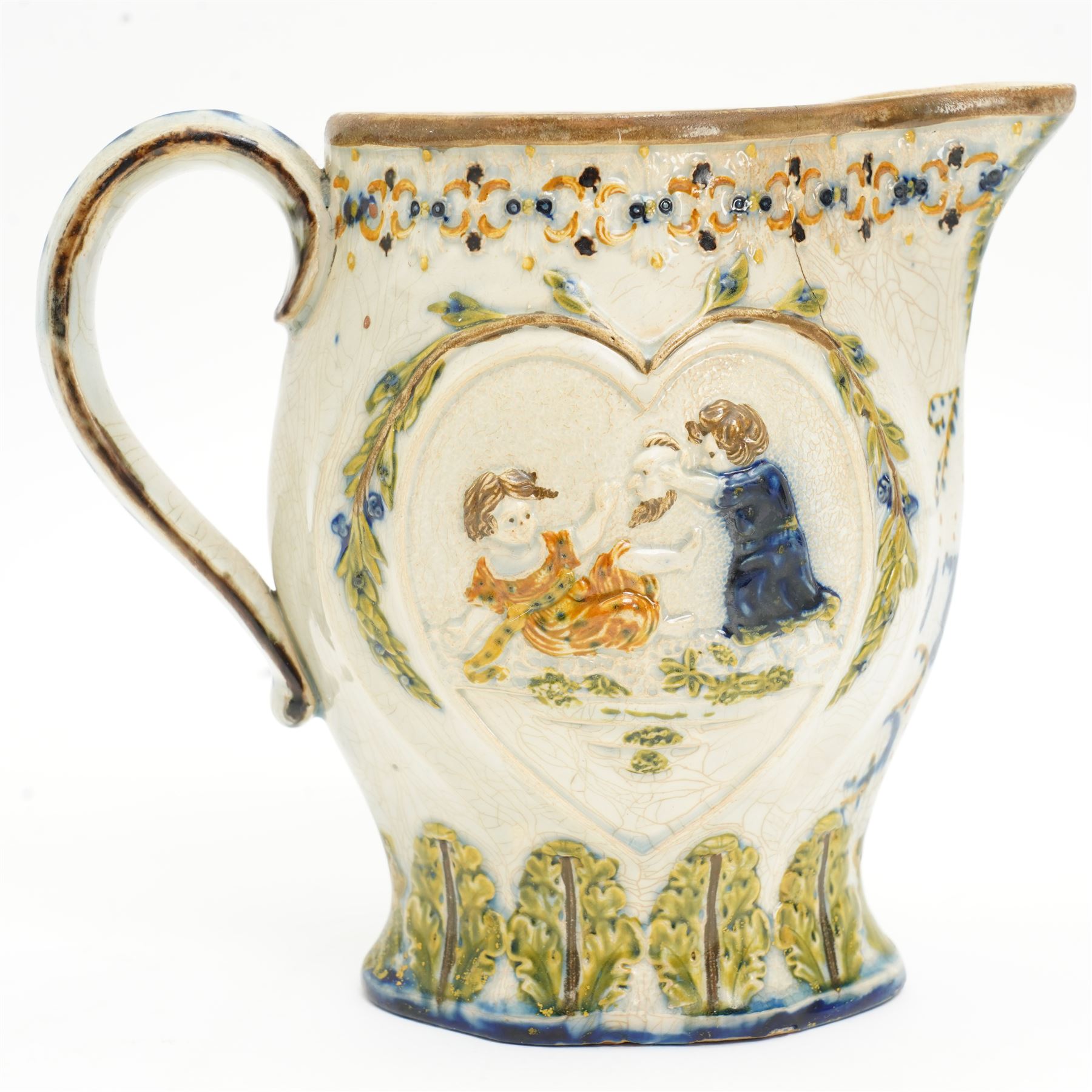 Prattware jug bearing initials JB and dated 1796, moulded with 'Mischievous Sport' and 'Sportive Innocence' pattern, painted in typical colours, H15cm