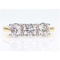  Three stone brilliant cut diamond gold ring hallmarked 18ct diamonds approx 1.2 carat  
