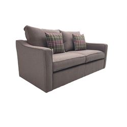 Contemporary two seat sofa bed, upholstered in plum tweed fabric