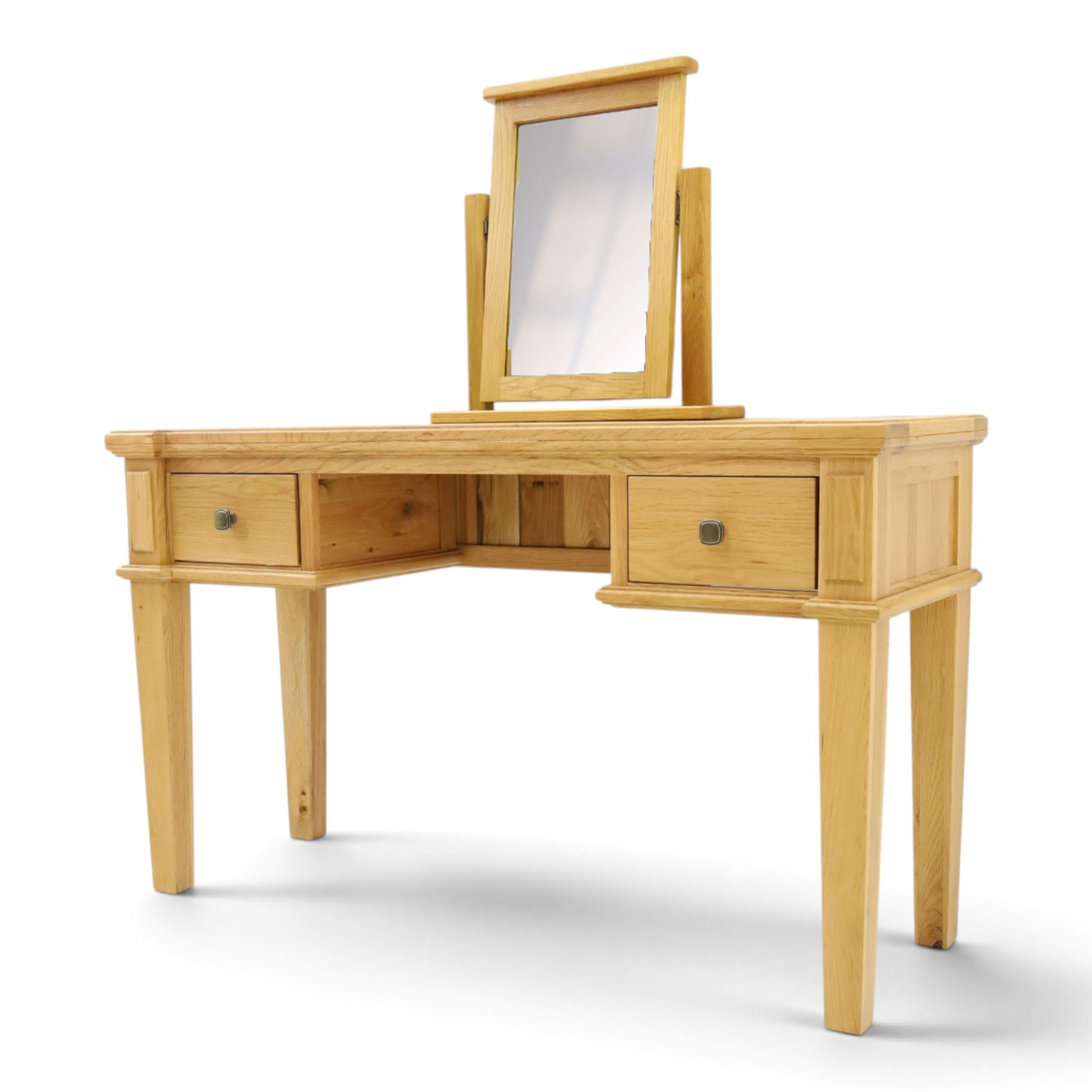 Contemporary oak kneehole dressing table and mirror, rectangular shaped top fitted with two drawers, on square tapering supports