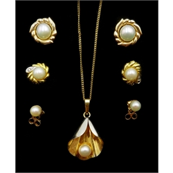  9ct gold pearl flower pendant necklace and three pairs of 9ct gold pearl stud earrings, all hallmarked, tested or stamped  