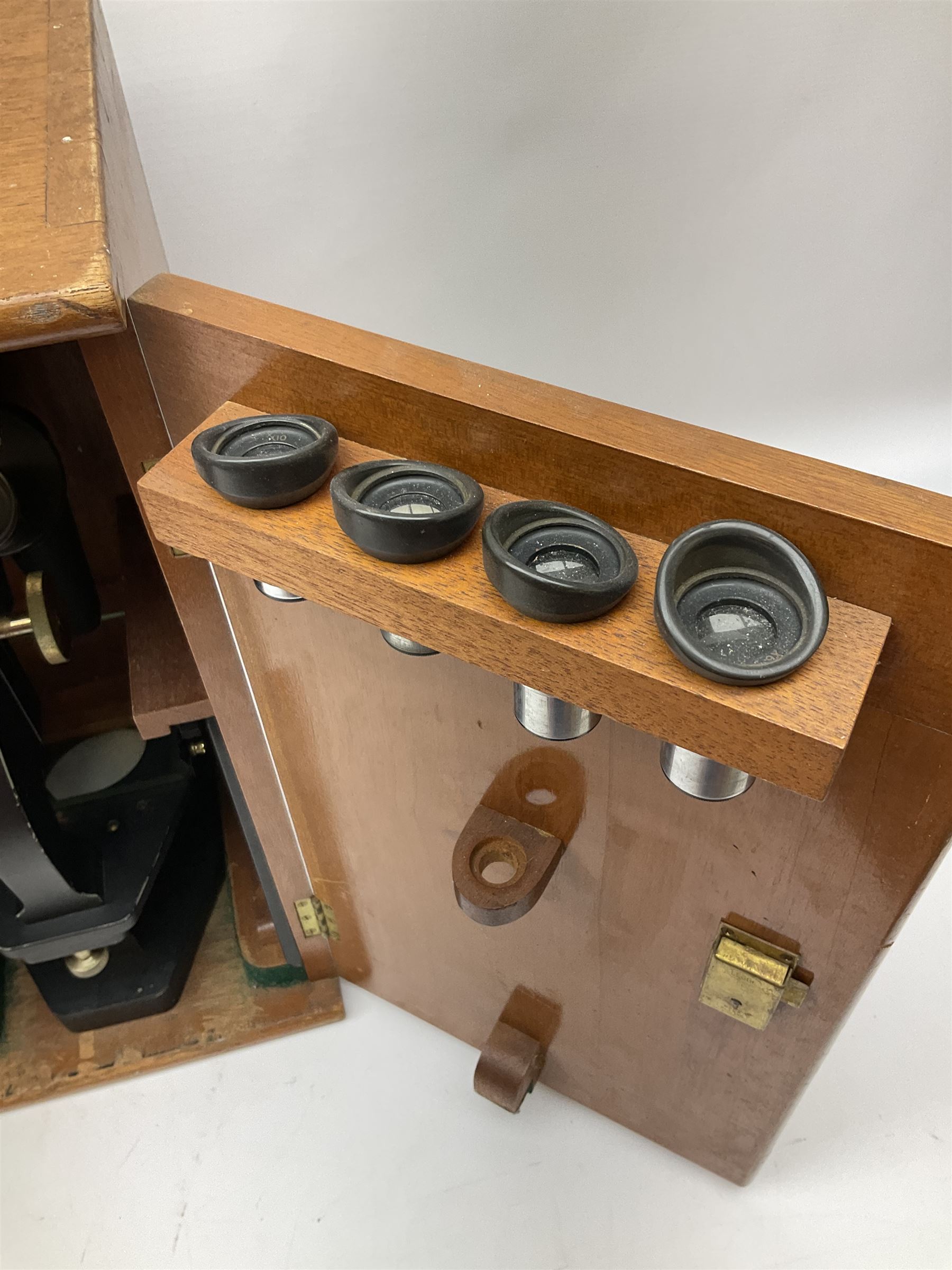 Charles Perry binocular microscope 'Classic No 1', with pitchfork base and rack and pinion focusing, in original fitted mahogany case with additional lenses, H44cm