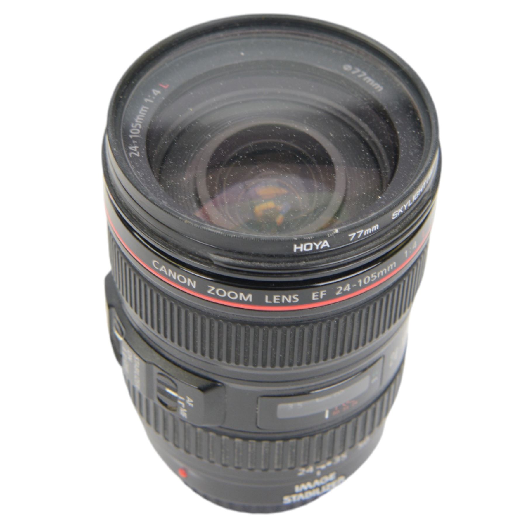 Canon Ultrasonic EF 24-105mm 1:4 L IS USM zoom lens serial no. 319110, with Canon EW-83H lens hood, in carry pouch