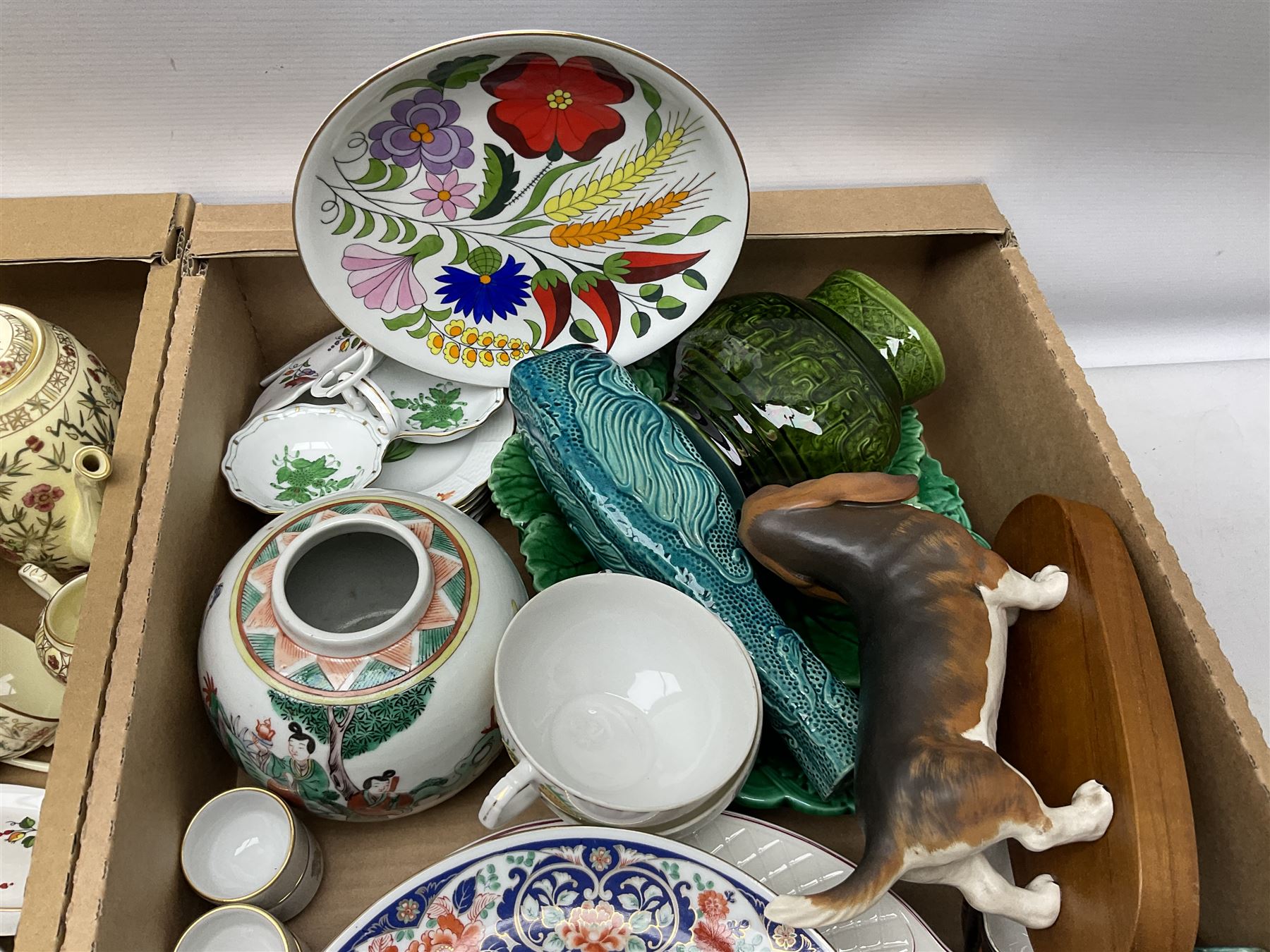 Quantity of ceramics, to include Royal Albert Old Country Roses coffee pot and large bowl, Villeroy & Boch, Wedgwood Majolica, Kalocsa of Hungary, Beswick Basset Hound, Herend of Hungary, mid century vase of tapering form with orange and black striped decoration, etc in three boxes