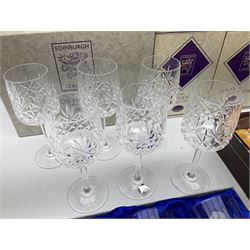 Set of six Edinburgh Crystal 'Continental' glass tumblers with original box, along with three boxed pairs of matching wine glasses and further boxed set of Cathedral Crystal glasses