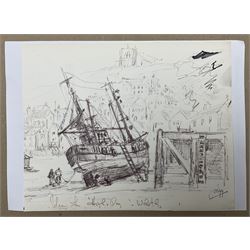 Jack Rigg (British 1927-2023): 'High & Dry' Whitby Harbour, preliminary pen and ink sketch signed and titled 20.5cm x 26cm (unframed)