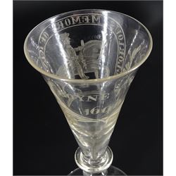 Williamite style wine glass, the trumpet bowl engraved with King William on horseback beneath a banner inscribed 'The Glorious Memory of King William', and further engraved verso 'Boyne 1st July 1690', upon collar and cylinder knopped stem and circular foot, H16cm; engraving 19th century, glass possibly earlier 