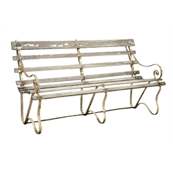  20th century garden bench, painted bent wrought metal supports with pine slats, W168cm  