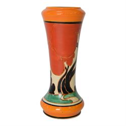 Clarice Cliff Red Autumn vase, shape 187, circa 1930 hand painted with a stylised tree and cottage landscape in red, black and green with orange and black banding, FANTASQUE and Bizarre mark beneath, H22cm