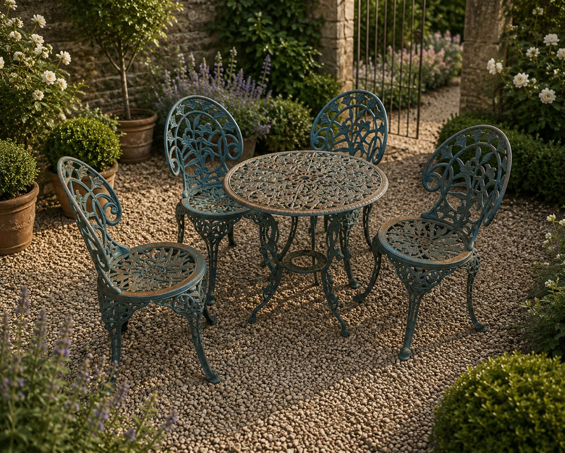 Cast iron garden table and four chairs, in the Art Nouveau style, with pierced floral and foliate decoration throughout, circular table raised on four cabriole legs with stretcher ring, chairs with shaped openwork backs and seats, in a weathered green finish