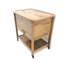 Art Deco style walnut trolley, hinged top with lined interior, single drawer, W63cm, H63cm, D45cm