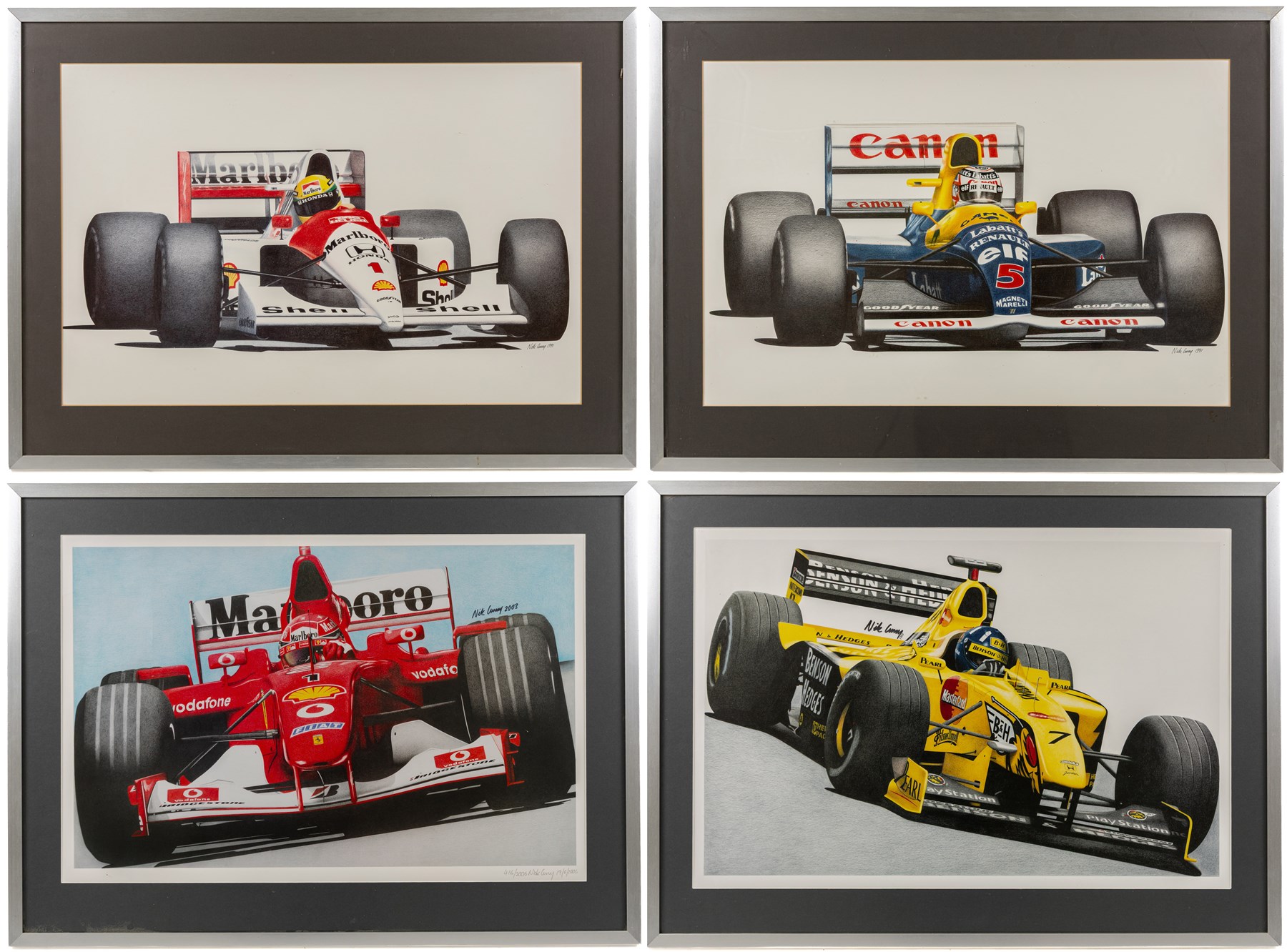 Four Formula 1 racing prints by Nik Curry, including a signed limited edition example, all within silver frames, H38cm, W59cm