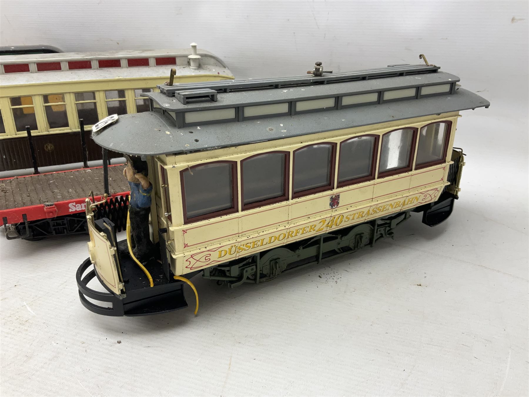 Six Bachmann G scale, gauge 1 rolling stock wagons and carriages, including tram coach, log carrier and tanker, etc, all unboxed 
