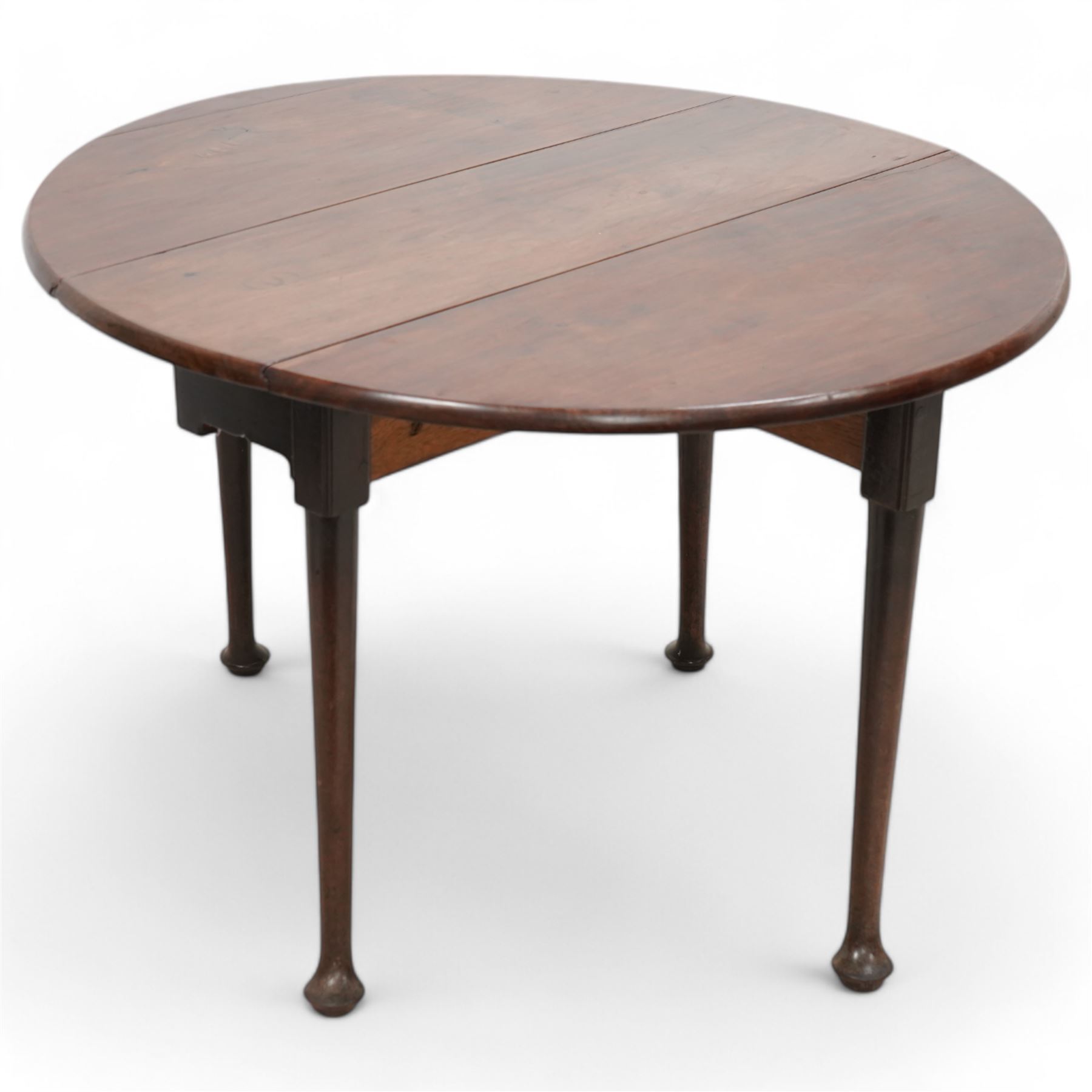 George III mahogany dining table, oval drop-leaf top on gate-leg action base, cabriole supports with pad feet
