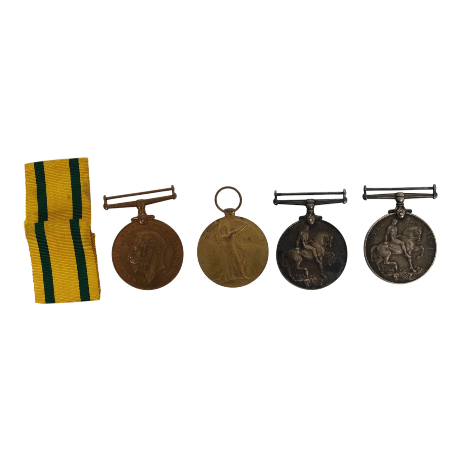 WWI trio of the War, Victory and 1914-1918 Mercantile Marine medal, awarded to 6376 Pte T Pickering Leic R, togehter with WWI war medal awarded to 19292 Pte F.G. Elliot C.GDS
