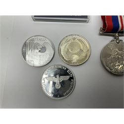 WW2 group of three medals comprising 1939-1945 War Medal, France & Germany Star and 1939-1945 Star; all with ribbons; 1930s Hull Savings Bank silver and enamel presentation fob; three medallions depicting Hitler, Mussolini and Mao Tse Tung; quantity of modern crowns and other coins; and a 6mm Flobert style starting pistol
