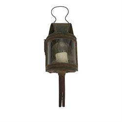 20th century brass and copper carriage lantern, with curved glass front, the brass oval pl...