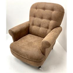Armchair upholstered in buttoned suede fabric, scrolling arms, turned supports